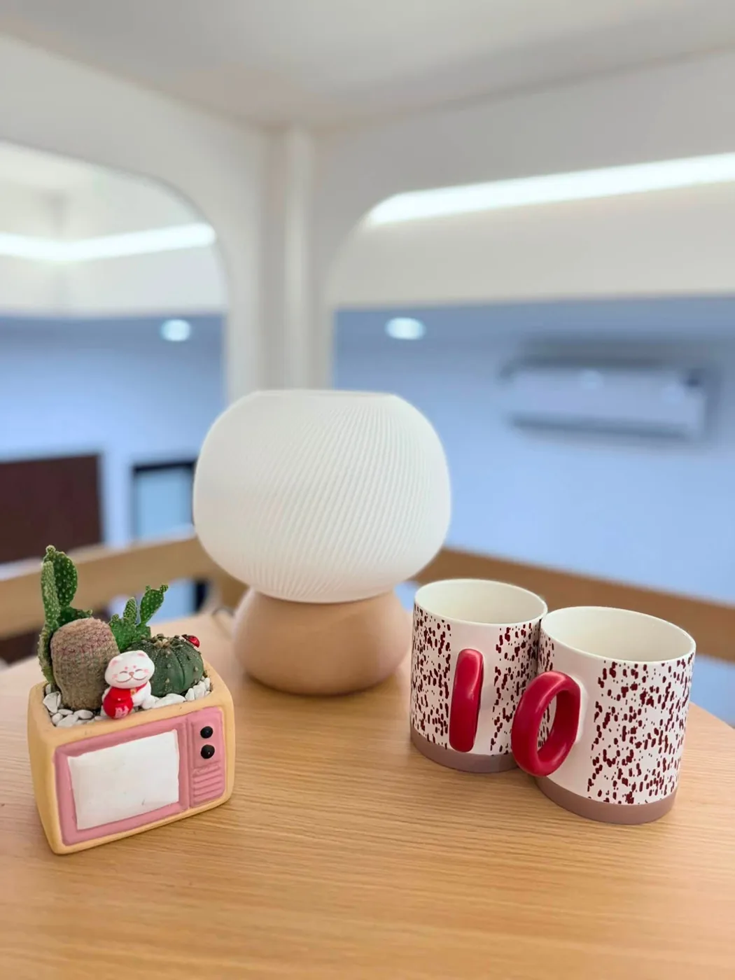 Phòng Trường Chinh 601: góc bàn: đèn nấm, xương rồng